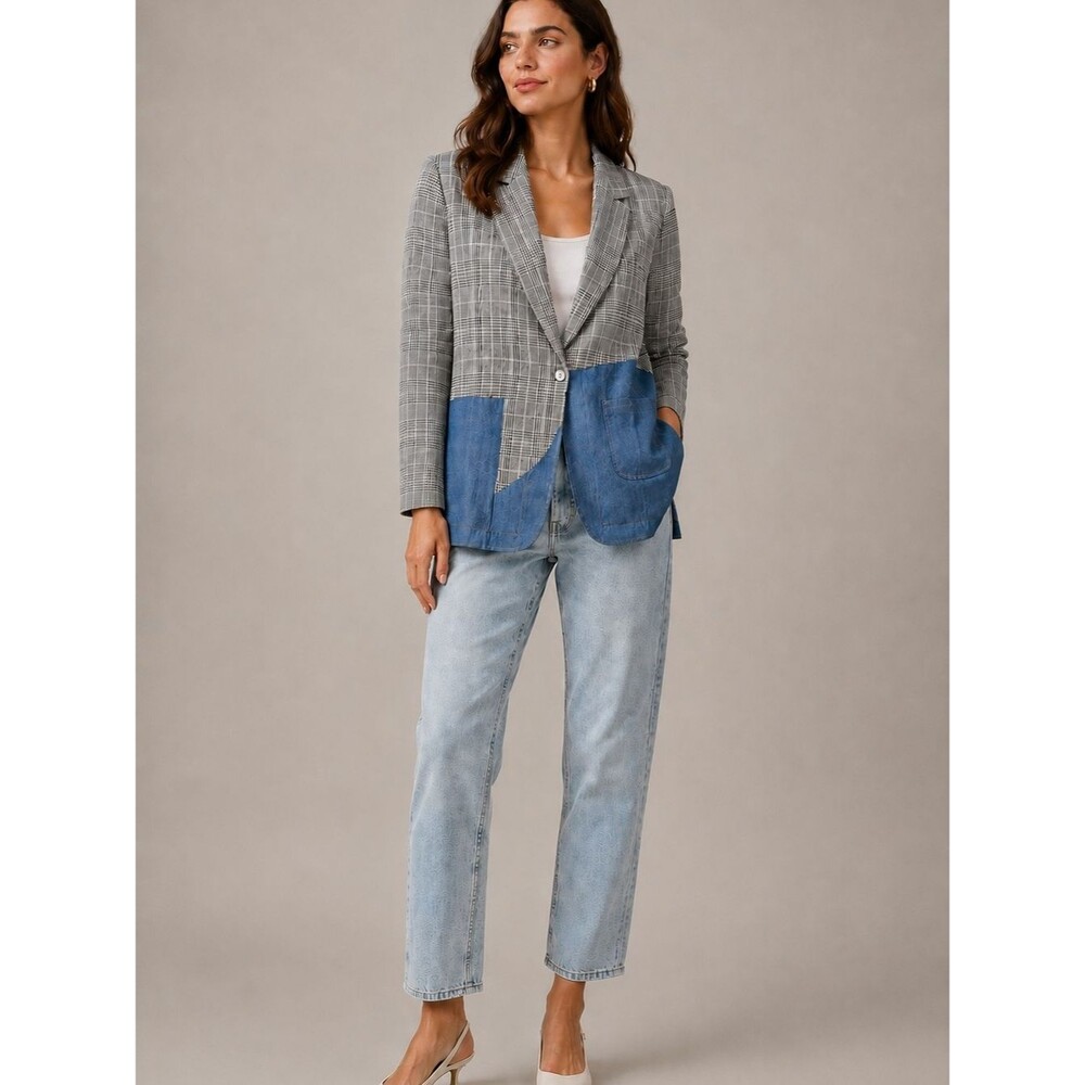 Women's Plaid and Denim Patchwork Blazer - Gray & Blue - NIP